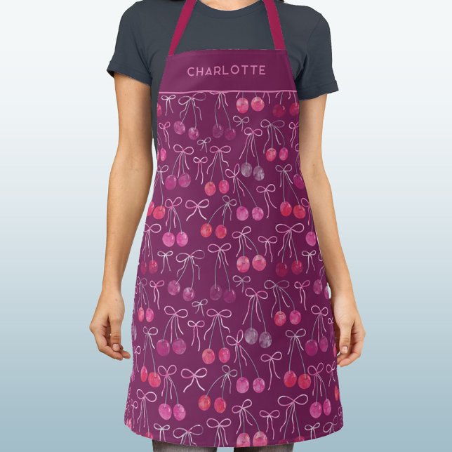 Tablier Cerises Rubans Vaches Aquarelle rose Personnalisé (Watercolor cherries, ribbons and bows pattern cherry apron with personalized custom name)