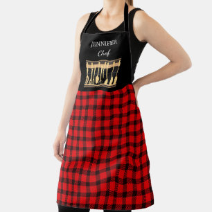 Tablier Chalet rouge rustique noir nom monogramme cuisine