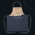 Tablier Challah est l'amour rendu comestible MARINE & TAN<br><div class="desc">Challah est l'amour rendu comestible. NAVY & TAN. Design de script moderne propre.Your Homemade Challah est une oeuvre d'art digne d'un cadre. Signer votre chef-d'oeuvre avec un florissant avec cette classe sous-élégante TOUTES PRINT APRON.. Coordonnées avec notre couverture Challah Dough correspondante que vous pouvez trouver ici : https://www.zazzle.com/collections/coordinated_apron_sets-119984004460509285 A PROPOS...</div>