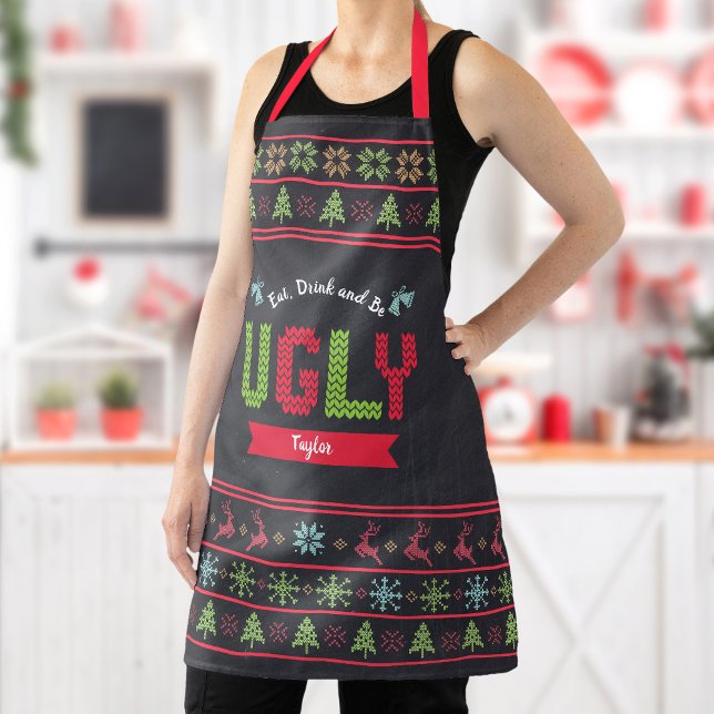Tablier Chandail de Noël moche Nordic Knit Name Chalkboard (Créateur téléchargé)