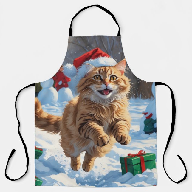 Tablier Chat Angora Turc courant dans la neige avec un cha (Recto)