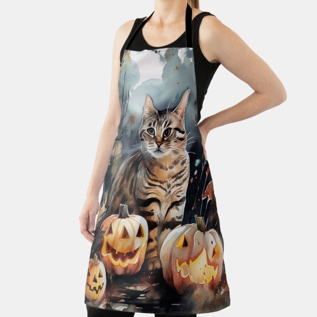 Tablier Chat Bengal Halloween avec citrouilles effrayant (Insitu)