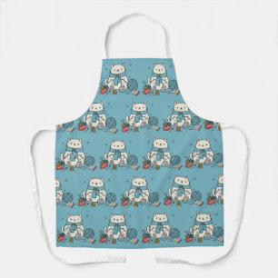 Tablier Chat Blanc Mignon Tricotant Motif de Fil Bleu Art