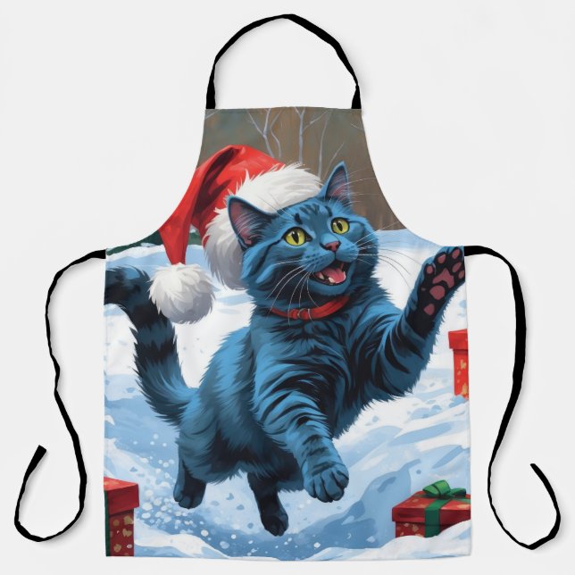 Tablier Chat Bleu Russe Courant dans la Neige avec un Chap (Recto)