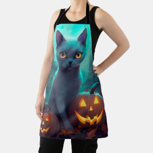 Tablier Chat bleu russe d'Halloween avec la peur Citrouill
