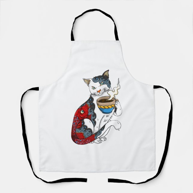 Tablier Chat buvant du café avec tatouage de poisson Chat  (Recto)