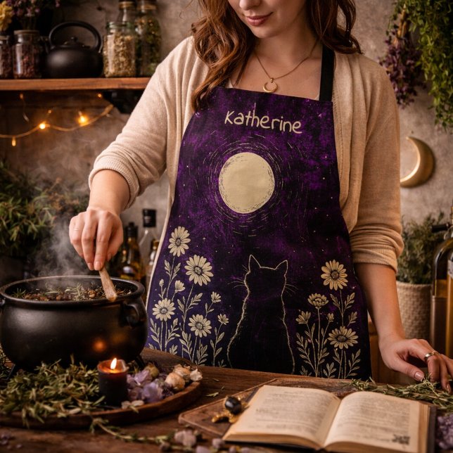 Tablier Chat céleste floral personnalisé violet (Créateur téléchargé)