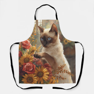 Tablier Chat d'automne avec fleurs pour Thanksgiving