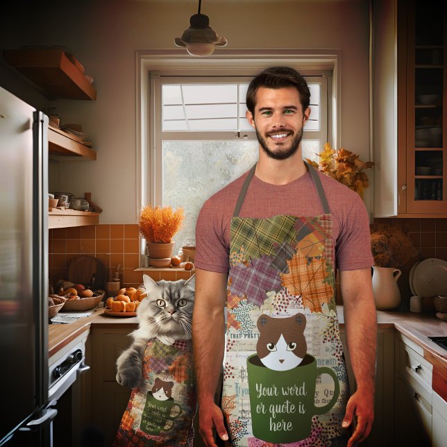 Tablier Chat de congé d'automne (A man wears her Fall Break Cat Apron in the kitchen. )