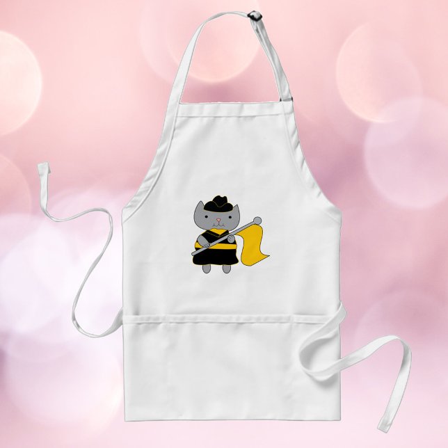 Tablier Chat de la Garde de Couleur Noir et Jaune Or (An apron featuring a cute gray cat wearing a black & yellow color guard uniform.)