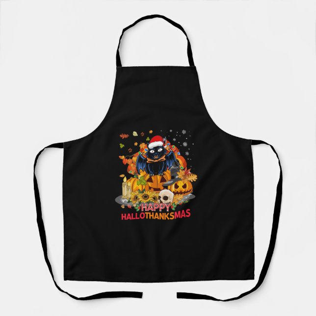 Tablier Chat drôle Hallothanksmas Halloween Thanksgiv (Recto)