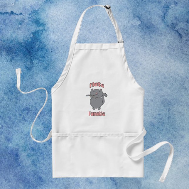 Tablier Chat Gris Flûtiste Fanatique de la Flûte (An apron with a flute playing gray cat and the words flute fanatic in pink.)