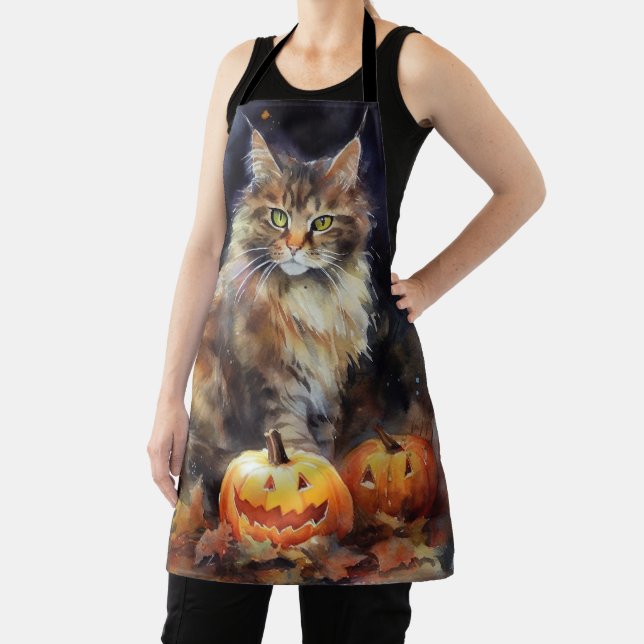 Tablier Chat Maine Coon Halloween avec citrouilles effraya (Insitu)