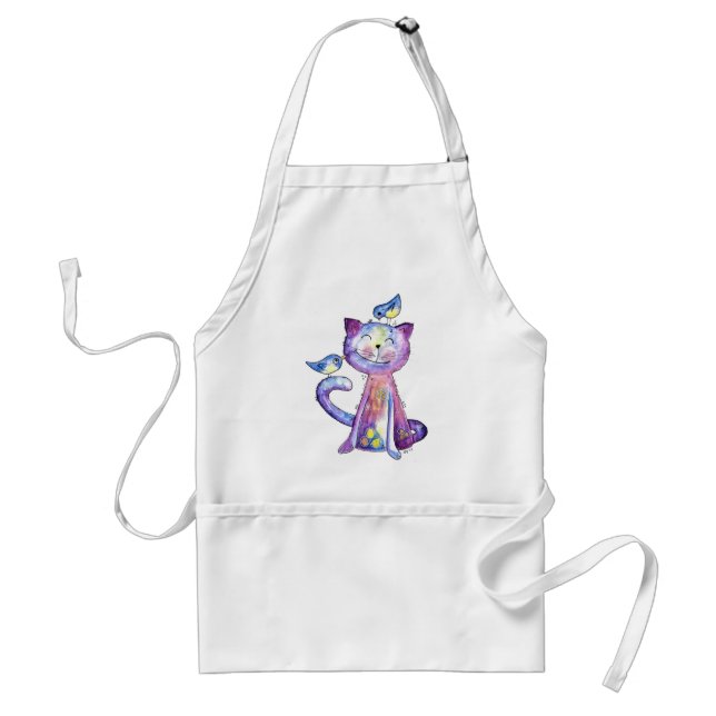 Tablier Chat mignon blanc violet avec oiseaux (Devant)