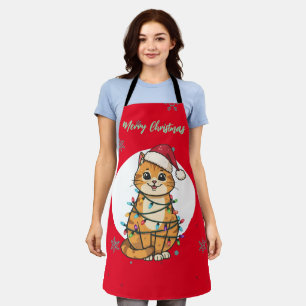 Tablier Chat moderne rouge joyeux flocon de neige Noël cha