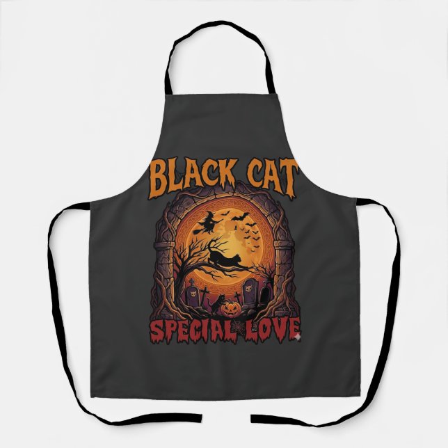 Tablier Chat Noir Amour Spécial Halloween Lune Sorcière Ci (Recto)