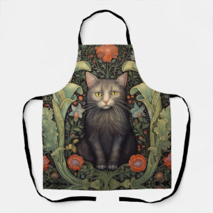 Tablier Chat noir Art nouveau et fleurs rouges