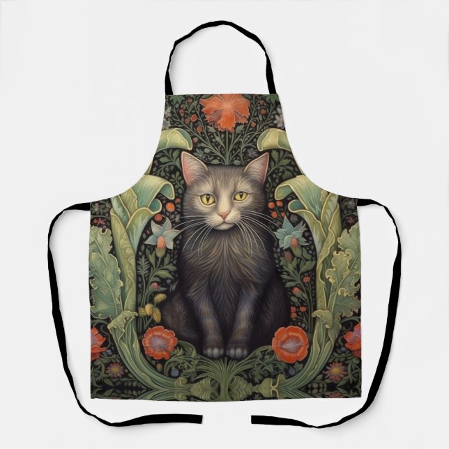 Tablier Chat noir Art nouveau et fleurs rouges (Recto)