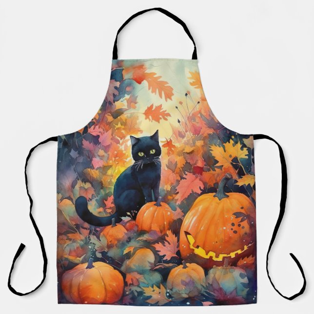 Tablier Chat Noir d'Halloween avec Citrouilles Épouvantabl (Recto)