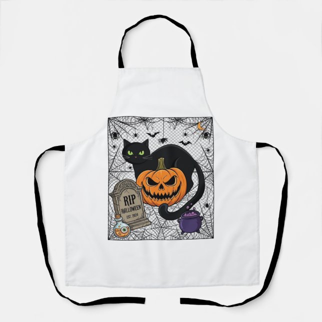 Tablier Chat noir d'Halloween Citrouille Pierre tombale Ch (Recto)