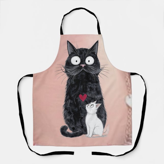 Tablier Chat noir fantaisiste et petit chat blanc avec cœu (Recto)