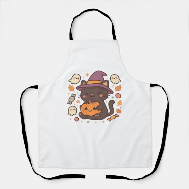 Tablier Chat noir mignon avec Casquette sorcier - Kawaii H (Recto)