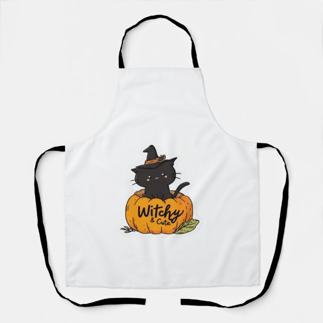 Tablier Chat noir mignon en citrouille avec casquette sorc (Recto)