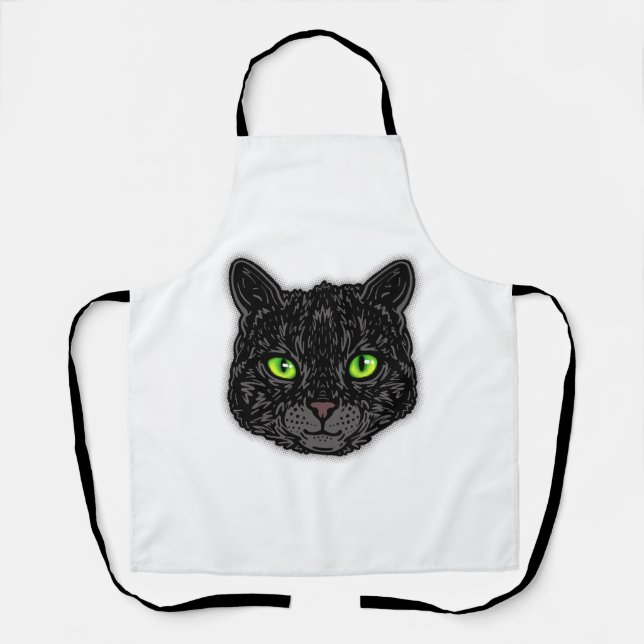 Tablier Chat Noir Visage Aux Yeux Verts Animal Branché (Recto)