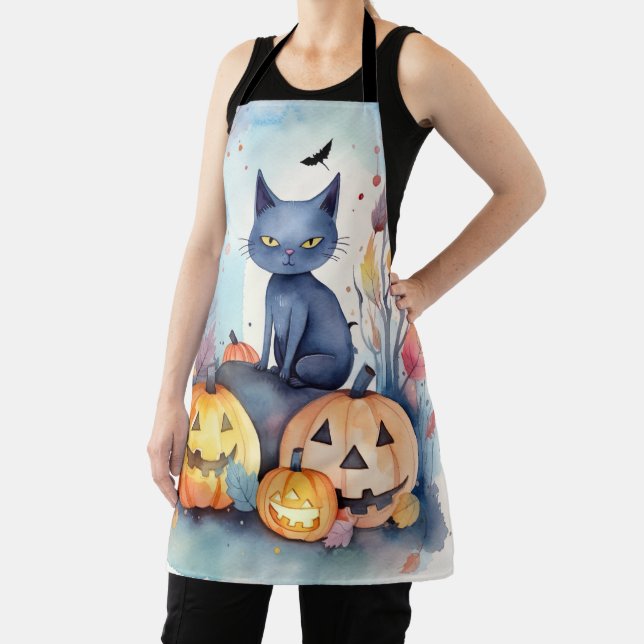 Tablier Chat Oriental Bleu Halloween avec des citrouilles  (Insitu)