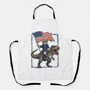 Tablier Chat Patriotique à Cheval sur un Dinosaure Design