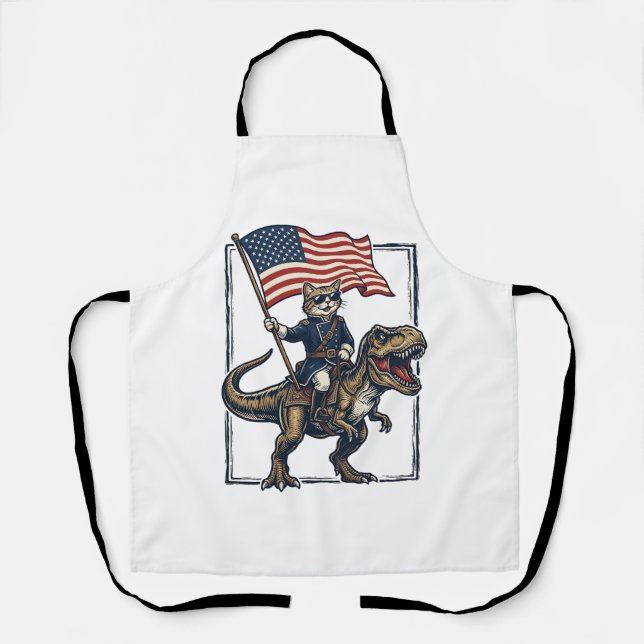 Tablier Chat Patriotique à Cheval sur un Dinosaure Design  (Recto)