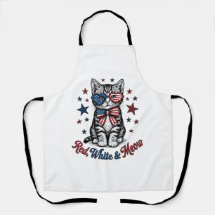 Tablier Chat Patriotique Rouge Blanc et Meow Design Vintag