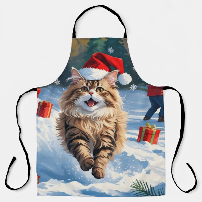 Tablier Chat Persan Assis dans la Neige avec un Chapeau de (Recto)