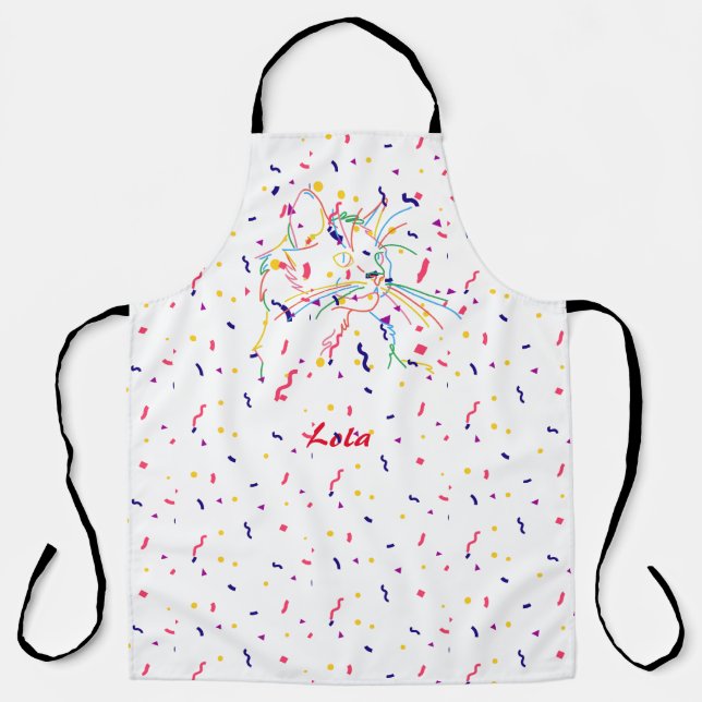 Tablier Chat psychédélique avec confettis. Nom modifiable (Recto)
