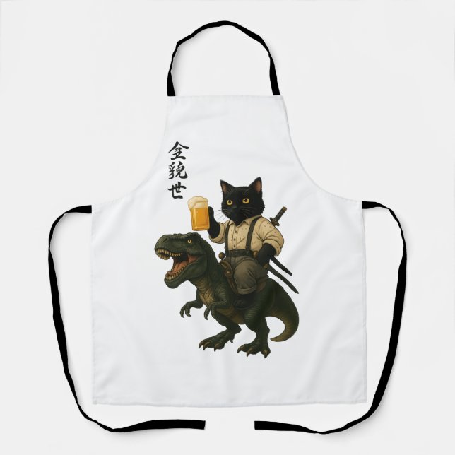 Tablier Chat Samouraï avec Bière & T-Rex | Art Japonais Ré (Recto)