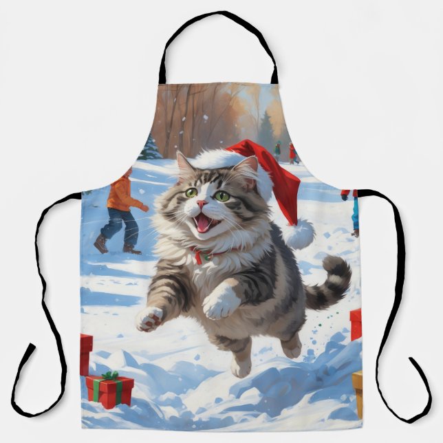 Tablier Chat Sibérien Courant dans la Neige avec un Chapea (Recto)