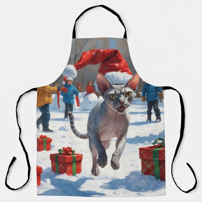 Tablier Chat Sphynx courant dans la neige avec un chapeau  (Recto)