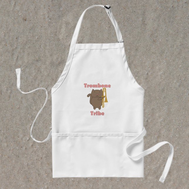Tablier Chat Trombone Mignon “Trombone Tribe” Orchestre en (An apron with a brown cat holding a trombone with the words trombone tribe in pink letters.)