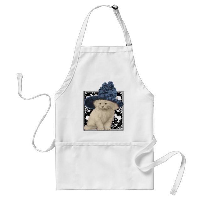 Tablier Chat Vintage sur Damask Blue Casquette Apron (Devant)