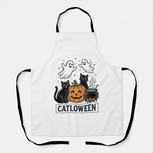 Tablier Chatloween Chat Fantôme Vintage Design de Chemise  (Recto)