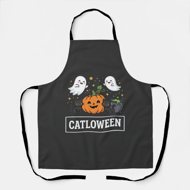 Tablier Chatloween Mignon Chat Fantôme Design Halloween_1 (Recto)