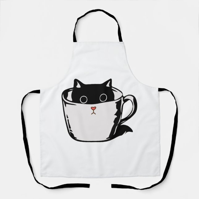 Tablier Chaton noir avec nez rouge caché dans une tasse (Recto)