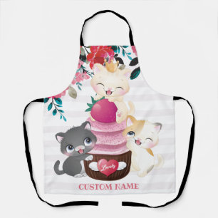 Tablier Chats de dessin animé floraux fantaisistes Gâteau