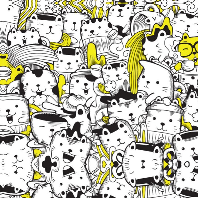 Tablier Chats Doodle (A doodle art illustration featuring a dense collection of cartoon cats, rendered in black and white.)