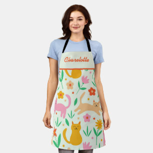 Tablier Chats heureux avec des fleurs de pêche orange roug