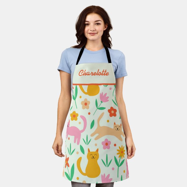 Tablier Chats heureux avec des fleurs de pêche orange roug (Porté)