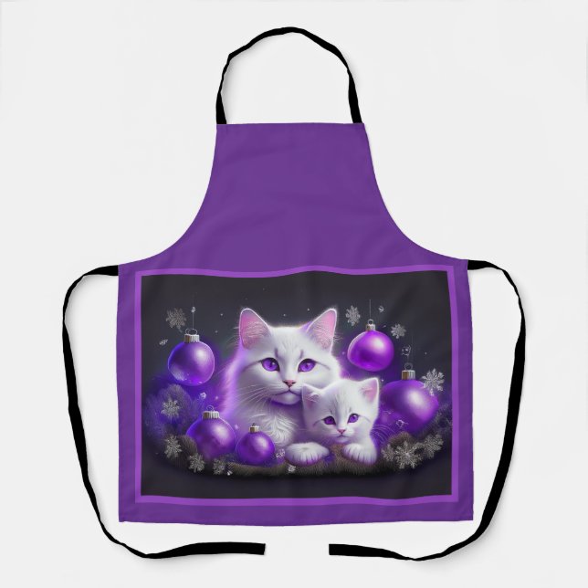Tablier Chatte blanche et chaton Scène de Noël violet (Recto)