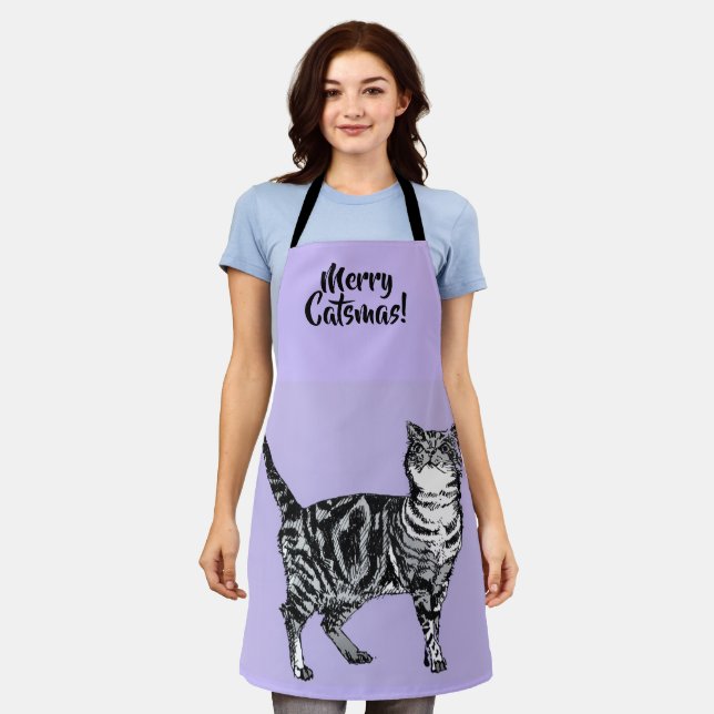 Tablier Chaussette violette lavande Joyeux Noël Chat Tigre (Porté)