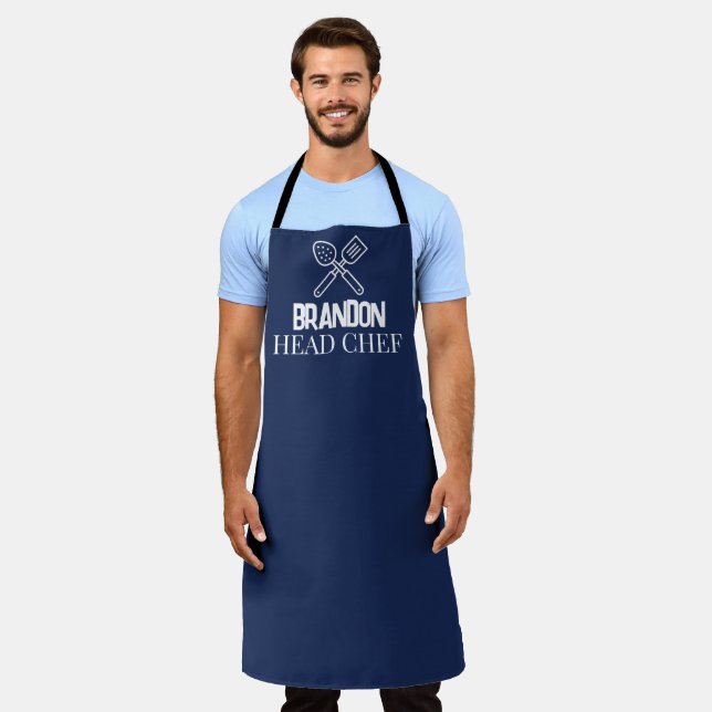 Tablier Chef Bleu Elégant Homme Nom Modern Simple (Porté)