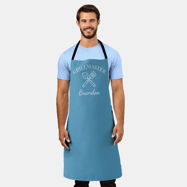 Tablier Chef bleu élégant masculin Nom Grillmaster moderne (Porté)